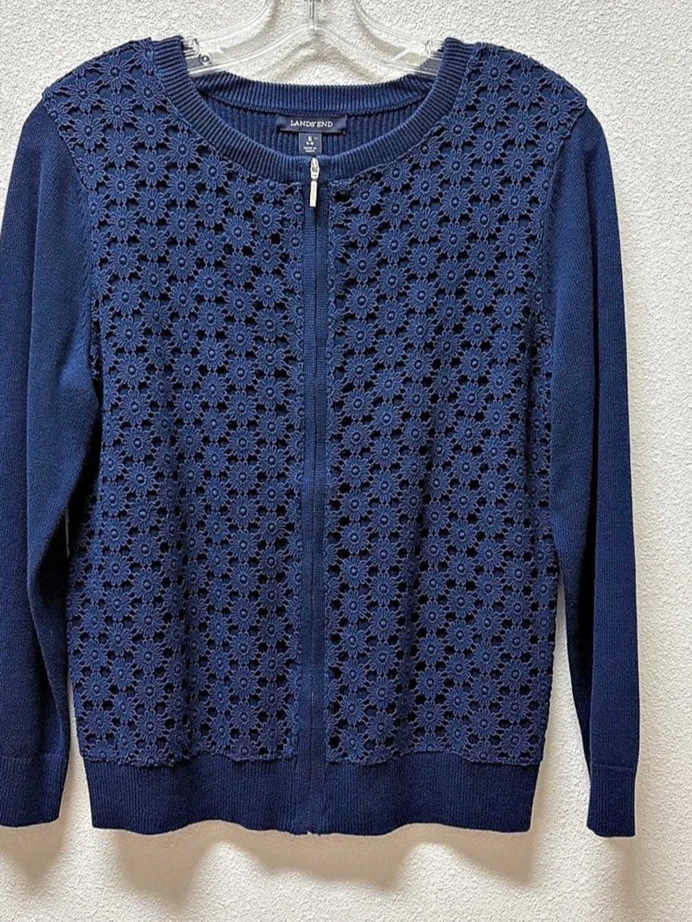 Land’s End Baumwolle Sweater Zip Up Small Cottagecore Floral Lace Navy Blue